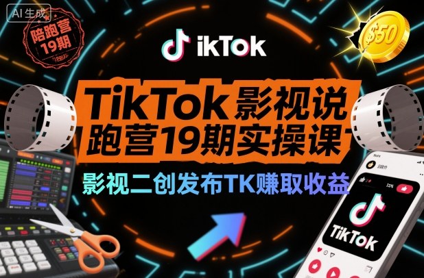 TikTok影视解说陪跑营19期实操课,影视二创发布TK賺取收益,万播收益50美金(更新)-灵感工坊云网创