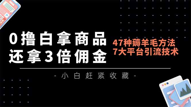 0撸白拿商品，还拿3倍佣金，47种薅羊毛方法，7大平台全方位引流技术教学，精专月入过万-灵感工坊云网创