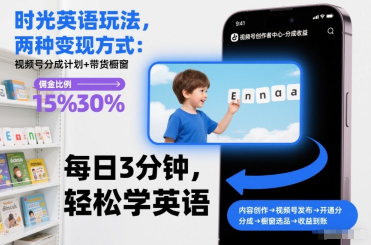 时光英语玩法，两种变现方式：视频号分成计划+带货橱窗-灵感工坊云网创