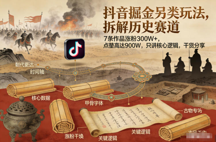 抖音掘金另类玩法,拆解历史赛道,7条作品涨粉300W+,点赞量高达900W,只讲核心逻辑,干货分享-灵感工坊云网创