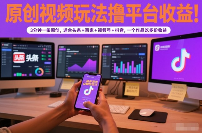 原创视频玩法撸平台收益,3分钟一条原创,适合头条+百家+视频号+抖音,一个作品吃多份收益-灵感工坊云网创